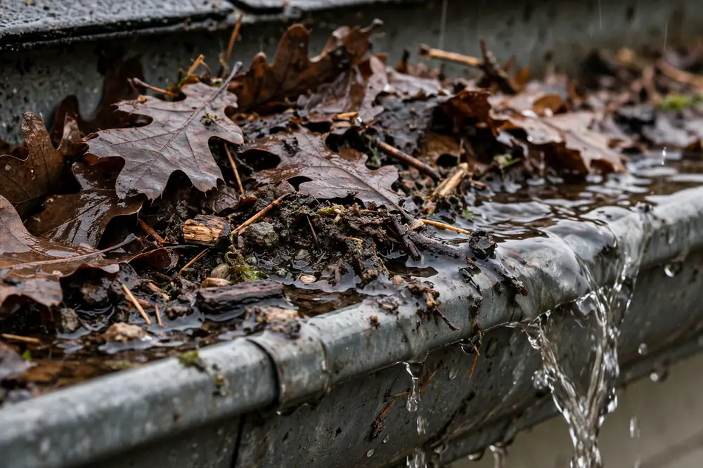 Leaf-clogged gutter on a Grapevine TX home