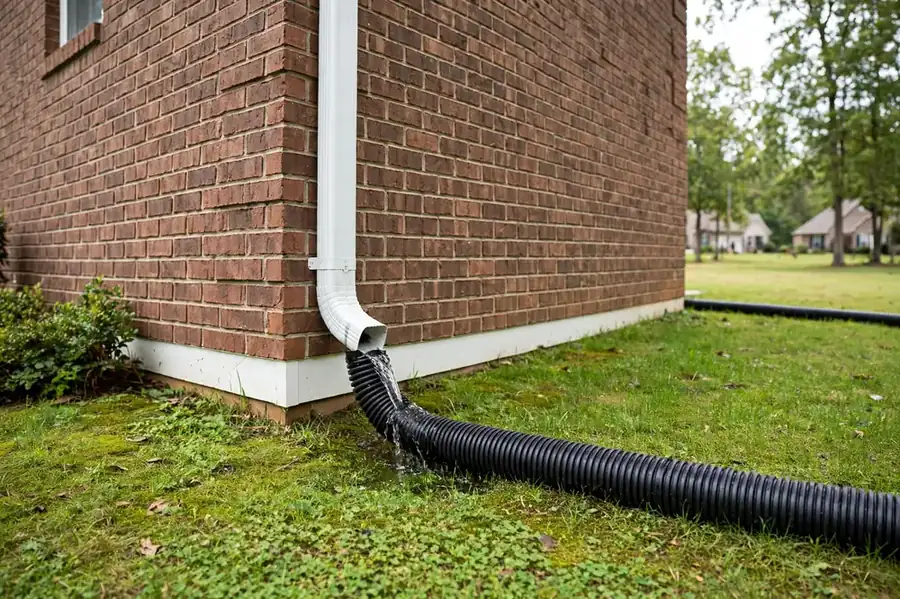 Downspout drainage extension on a Texas lawn